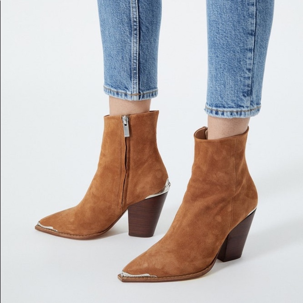 THE KOOPLES - Leather Heeled Camel Ankle Boots with Silver Detail
